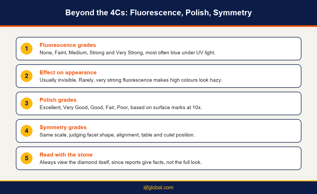 Diamond fluorescence, polish and symmetry grades and what each one means for appearance, by IIJF Global