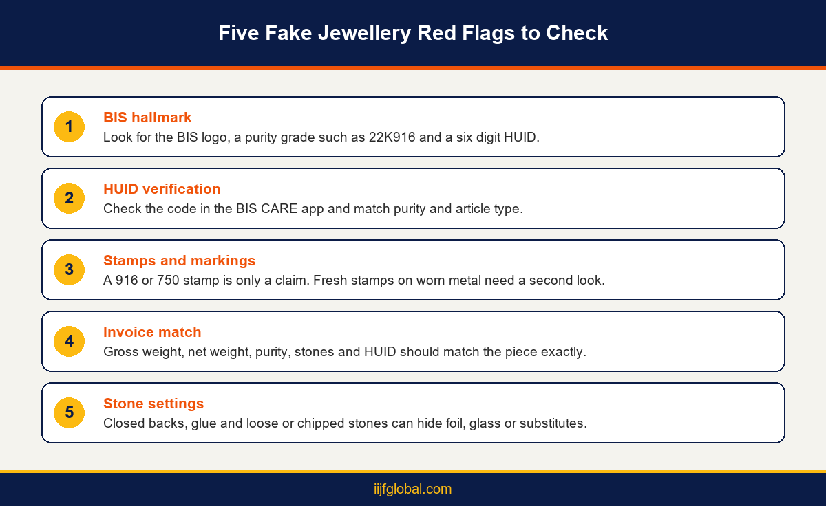 Five fake jewellery checks covering BIS hallmark, HUID, stamps, invoice and stone setting, by IIJF Global