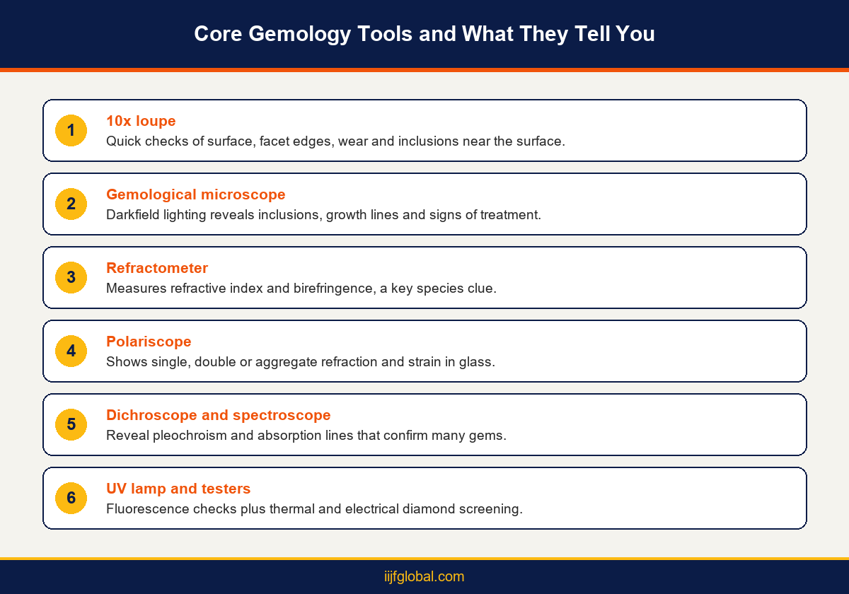 Core gemology tools and what each one tells you, from loupe to refractometer and polariscope, by IIJF Global